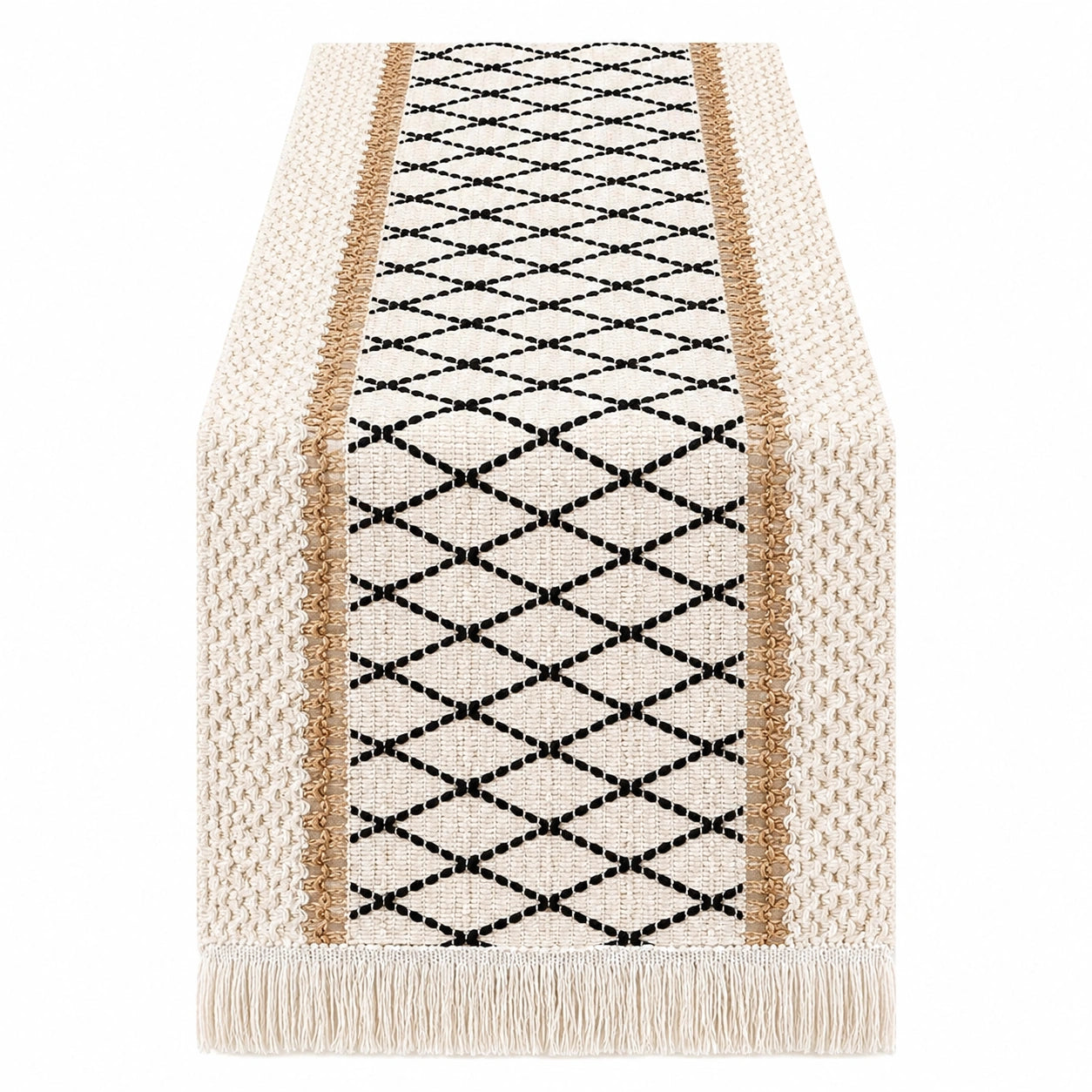 Chemin de Table Tissé Motifs Géométriques Ivoire et Noir 180x35cm