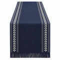 Chemin de table bleu marine à franges motif végétal
