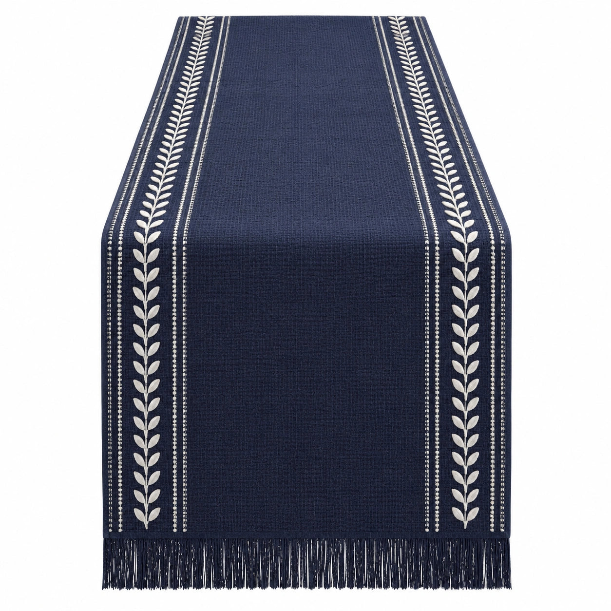 Chemin de table bleu marine à franges motif végétal