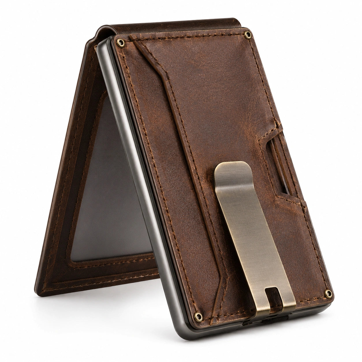 Porte-cartes vertical marron avec pince à billets