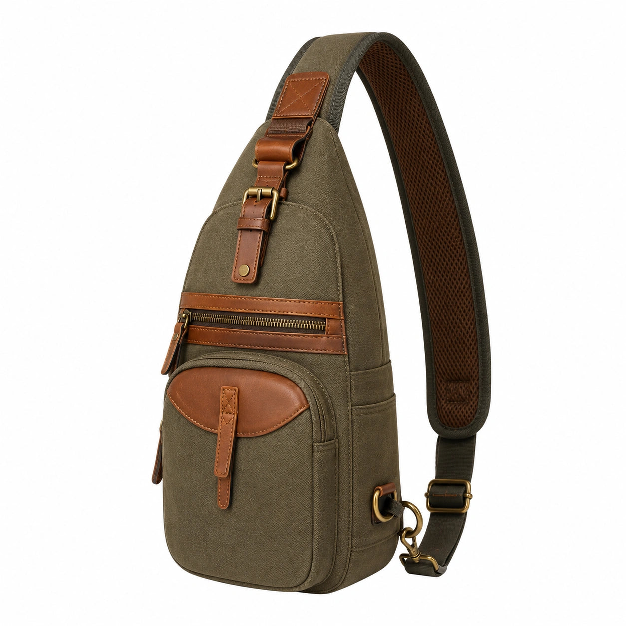 Sac en bandoulière kaki avec détails en cuir