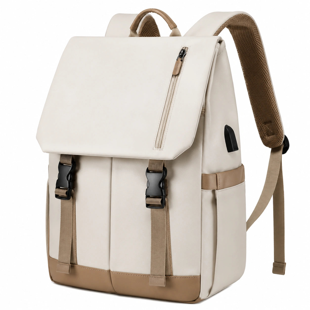 Sac à dos urbain avec rabat pour ordinateur portable - Beige et Marron