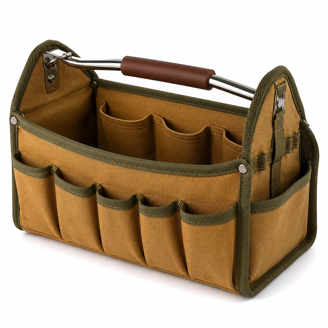 Sac à outils en toile marron et vert avec poignée confortable