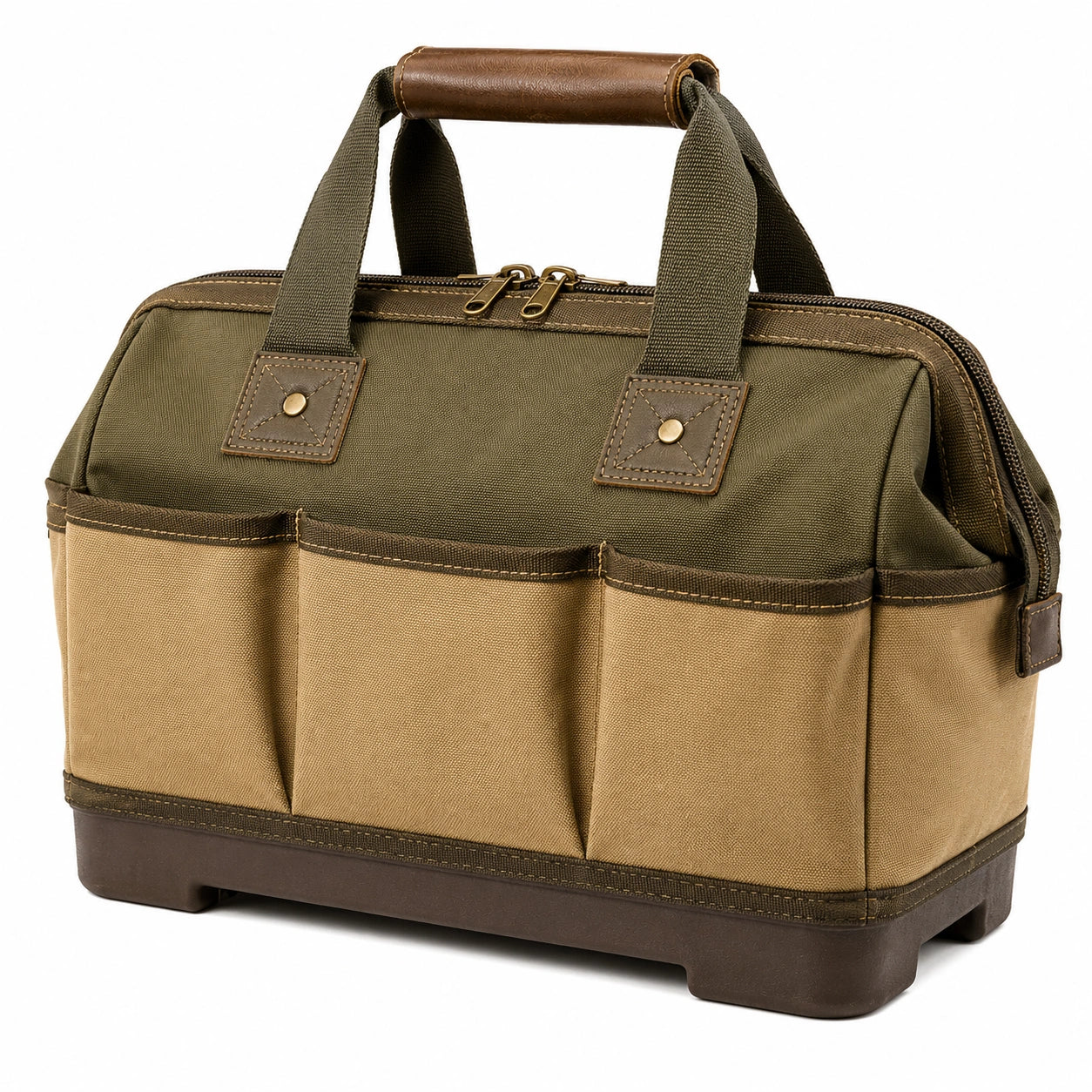 Sac à outils en toile avec poches multiples vert et marron