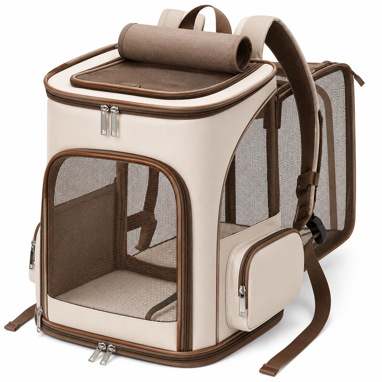 Sac à dos de transport pour animaux beige et marron avec maille respirante
